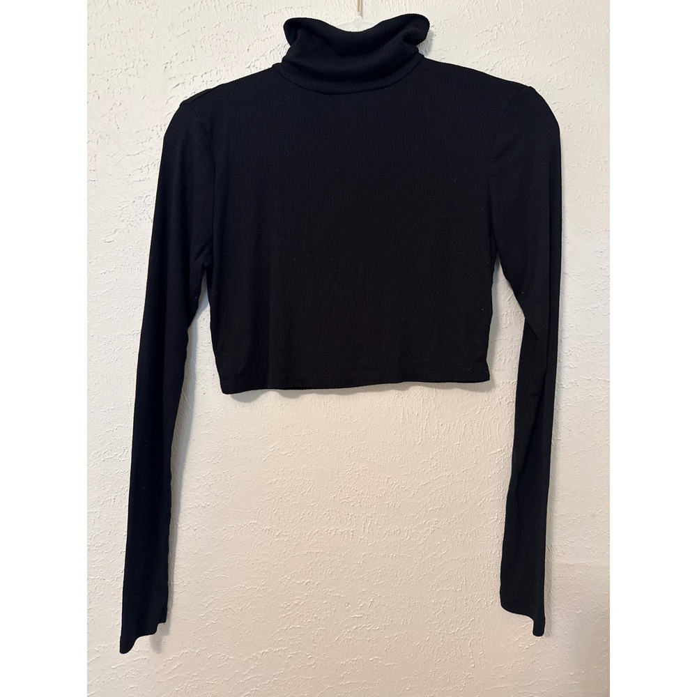 Sugar Rain Womens Black Ribbed Turtleneck Long Sleeve Crop Top Layering Shirt M